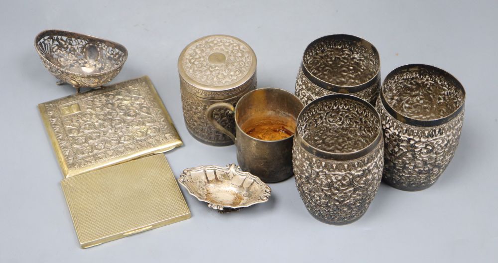 Three Indian repousse white metal beakers, 97mm and six other items including sterling mug and 800 salt.